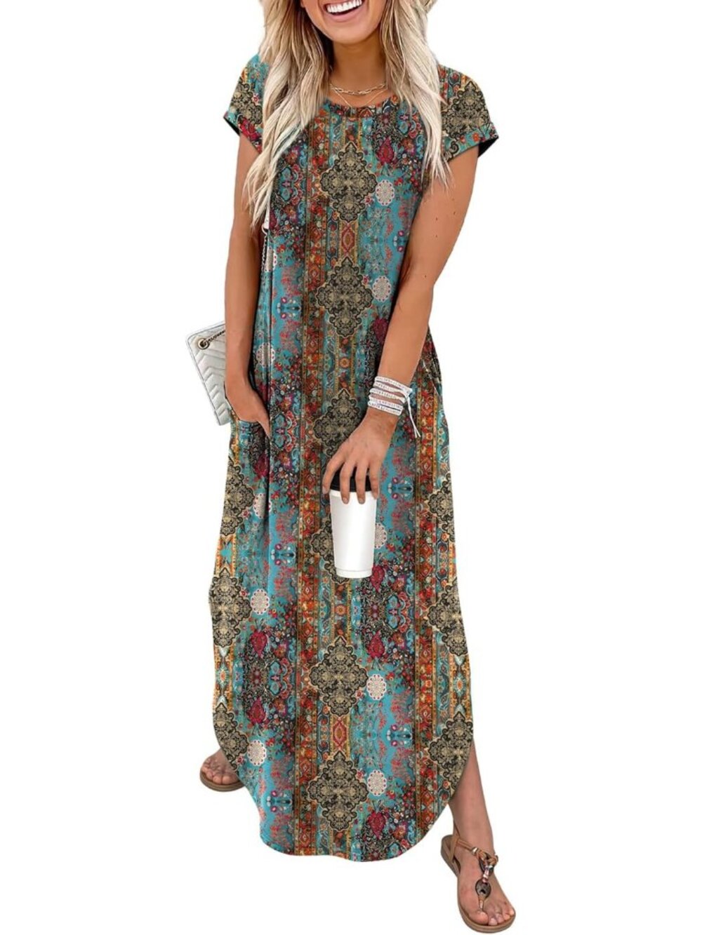 Women's Boho Dark Blue Floral Print Maxi Dress Casual Summer Beach Sundress Fit